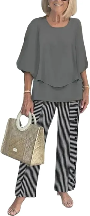 Summer Trendy Women's 2 Piece Outfits Green 3/4 Sleeve Layered Top and Leaf Print deep relevant Straight Leg Pants Lounge Sets 2025 