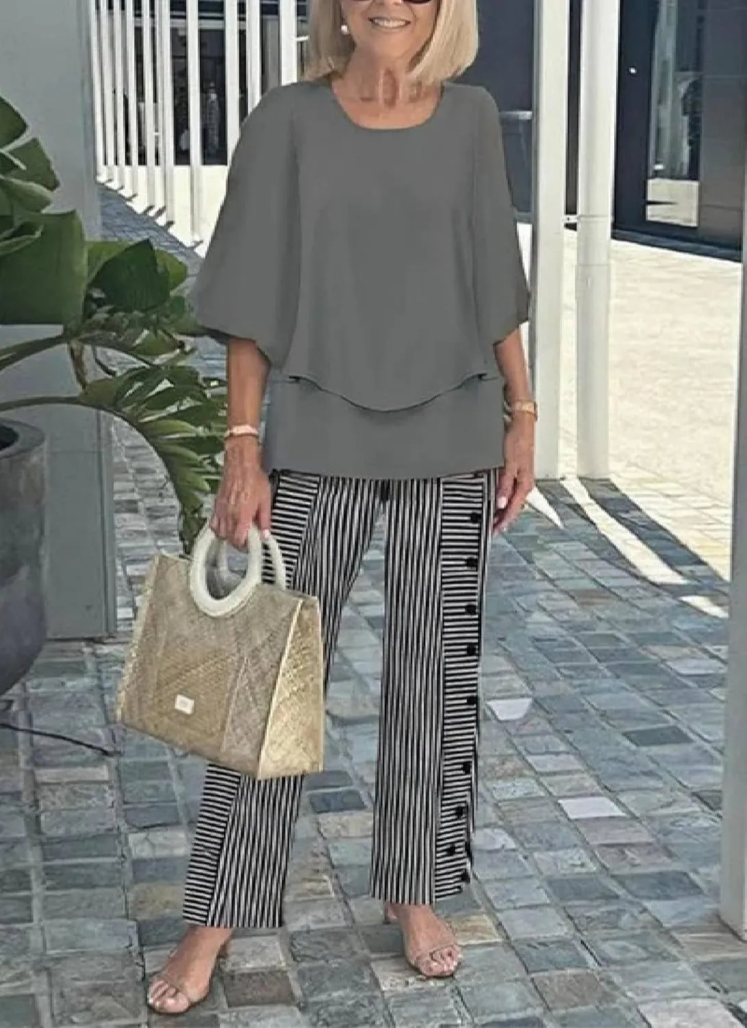 Summer Trendy Women's 2 Piece Outfits Green 3/4 Sleeve Layered Top and Leaf Print deep relevant Straight Leg Pants Lounge Sets 2025 