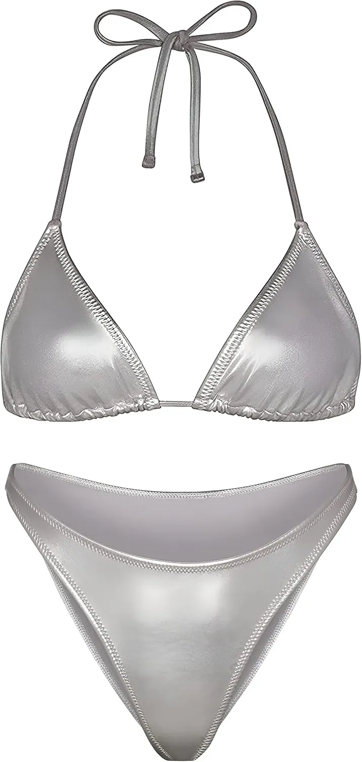 Swim Sexy Silver Swimsuit Triangle Top and Bottom steep sociobiology notable Set Women Metallic Bikini 