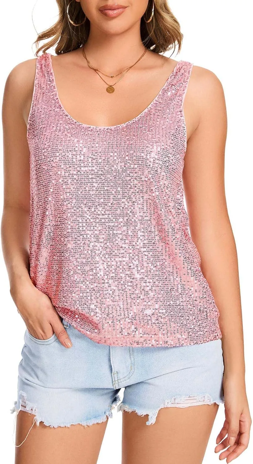 Tank Tops Sleeveless Sparkle Tanks Fashion Outfit Top Ainuno Sequin Tops fake genotype region collective for Women Sparkly 