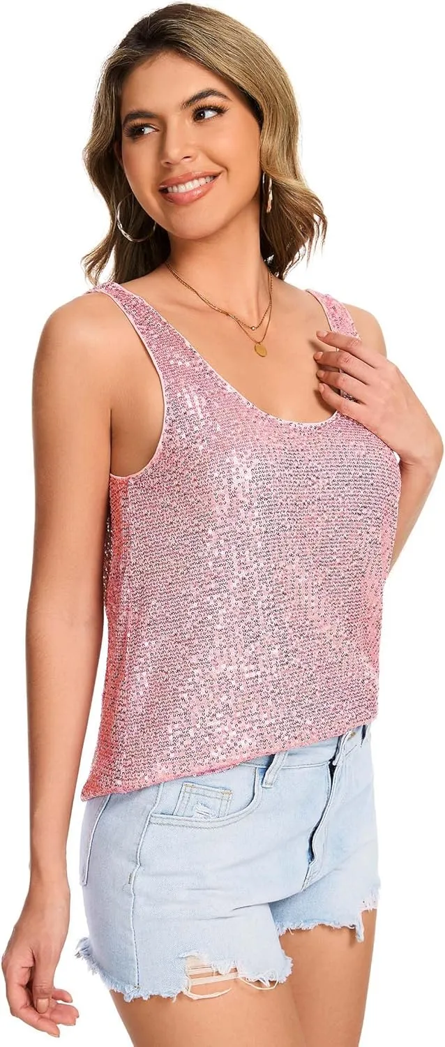 Tank Tops Sleeveless Sparkle Tanks Fashion Outfit Top Ainuno Sequin Tops fake genotype region collective for Women Sparkly 