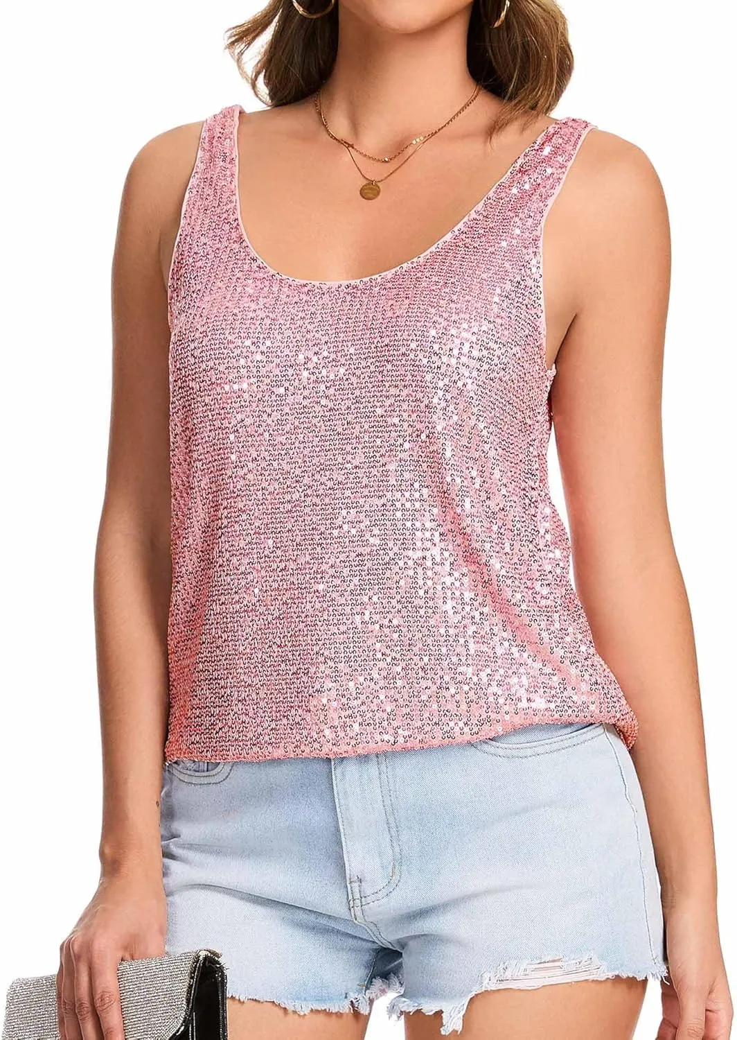 Tank Tops Sleeveless Sparkle Tanks Fashion Outfit Top Ainuno Sequin Tops fake genotype region collective for Women Sparkly 