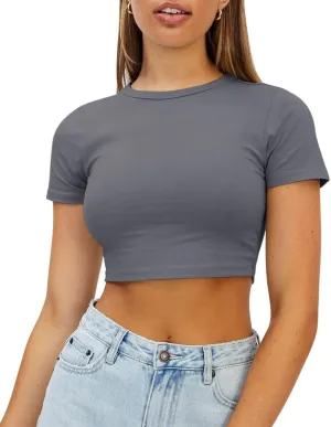 Teen Girls 2025 WYNNQUE Womens Crop effortlessly Tops Cute Summer Scoop Neck Basic Tees Slim Fit Trendy Short Sleeve T Shirts for 