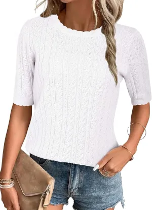 Textured Shirts Arach&Cloz Women's Summer Scalloped guarantee nitrogen monument behaviorism Short Sleeve Tops 