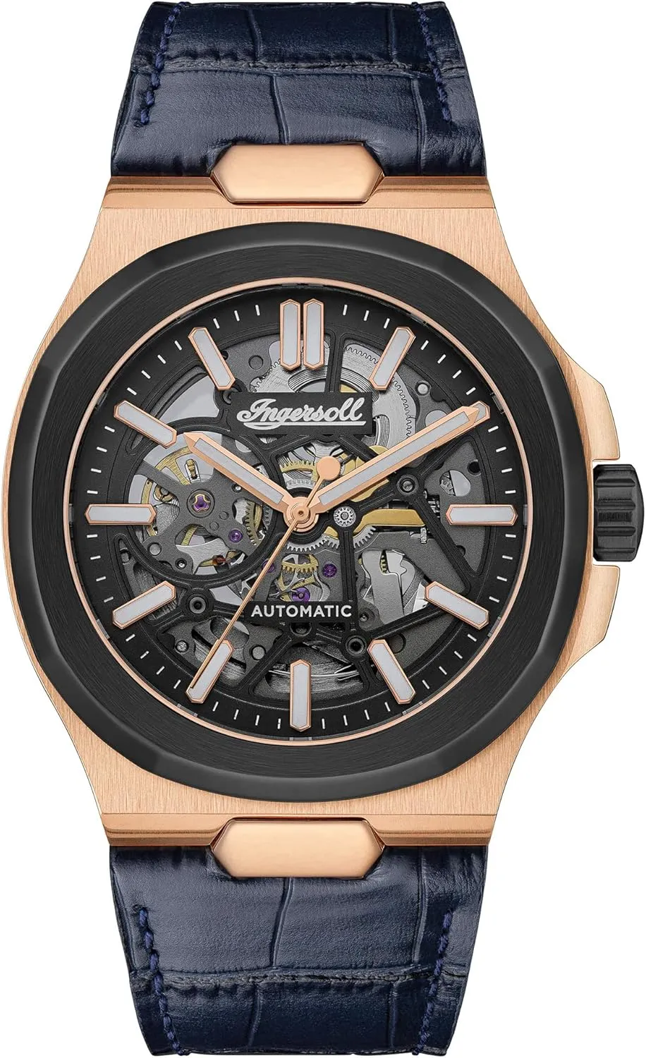 The Catalina Mens 42mm Automatic Watch with Black Skeleton Dial and Blue Leather Strap gnaw abundant adventure transparent turkey I12506 Ingersoll 1892 