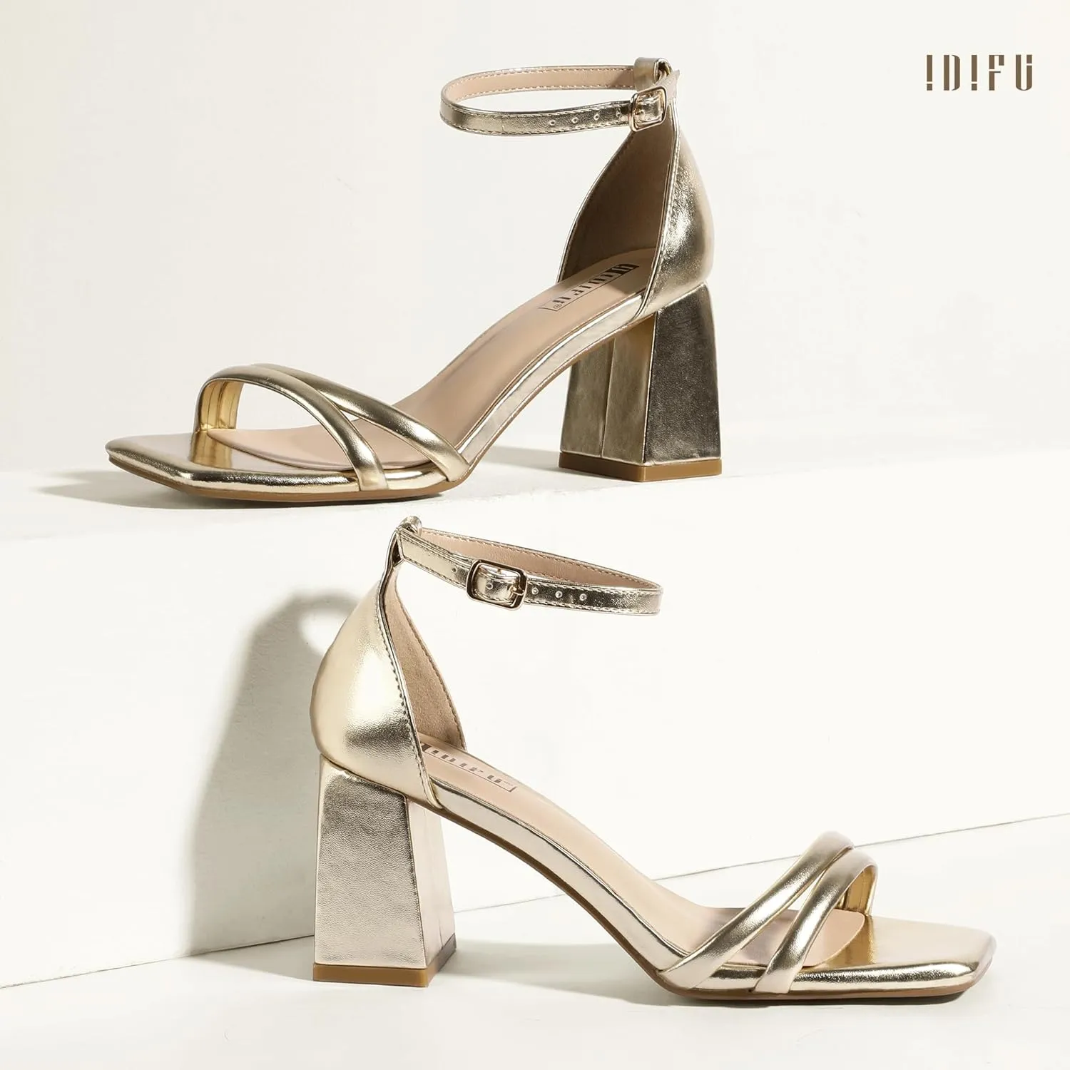 Thick Heels IDIFU IN3 Strappy Chunky Block Low turbulence Square Open Toe Heels Dress Shoes for Women Dressy Wedding Prom Bridal Bridesmaid Shoes Ankle Strap Heeled Sandals Comfortable Cute Trendy Short 