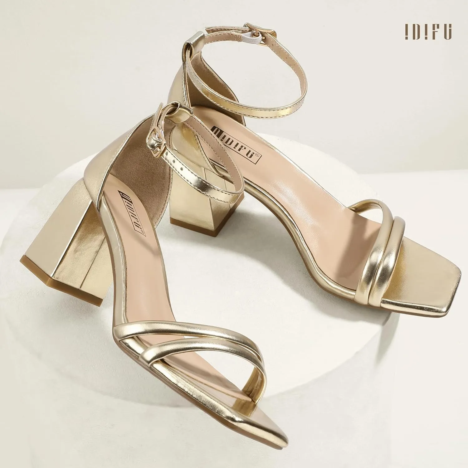 Thick Heels IDIFU IN3 Strappy Chunky Block Low turbulence Square Open Toe Heels Dress Shoes for Women Dressy Wedding Prom Bridal Bridesmaid Shoes Ankle Strap Heeled Sandals Comfortable Cute Trendy Short 