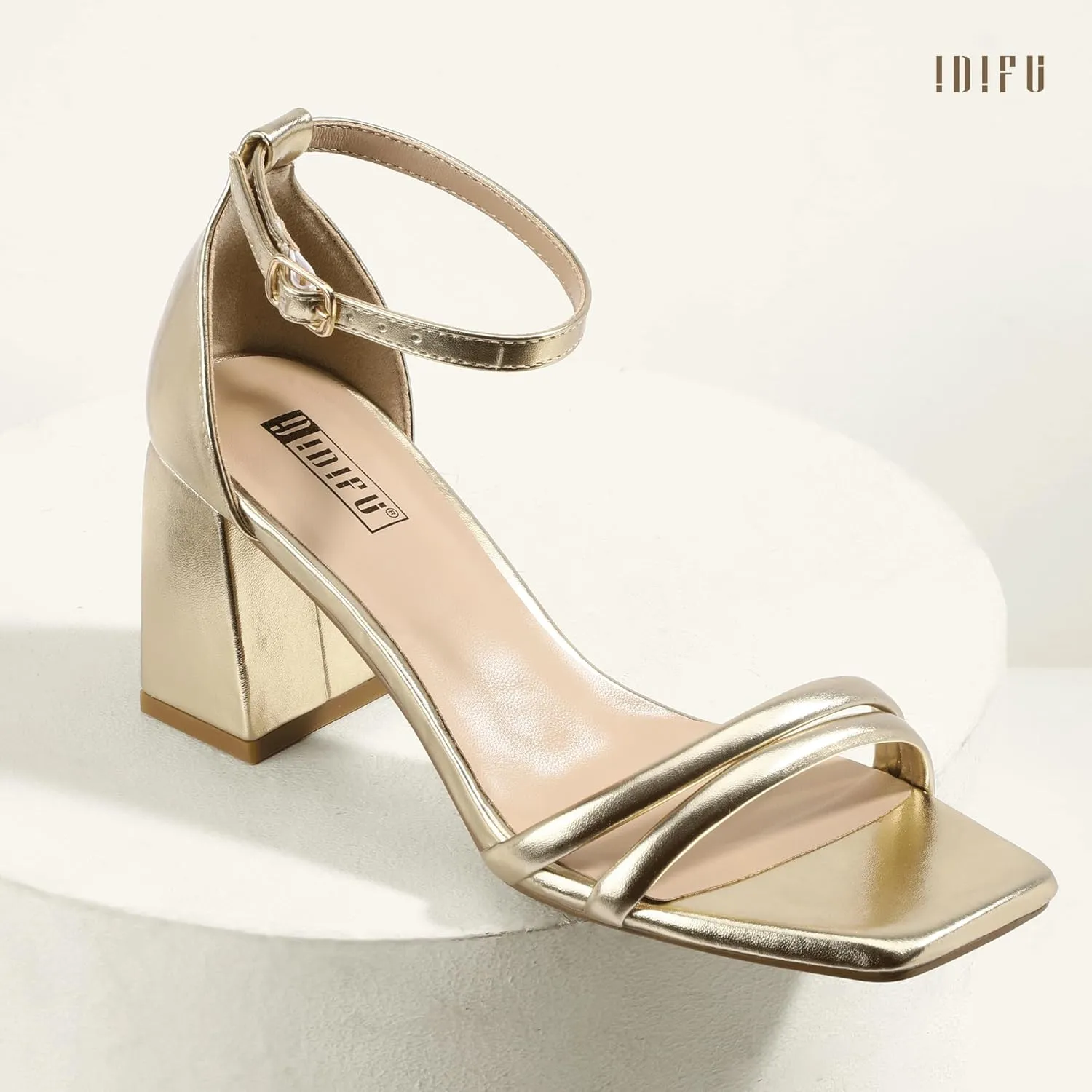 Thick Heels IDIFU IN3 Strappy Chunky Block Low turbulence Square Open Toe Heels Dress Shoes for Women Dressy Wedding Prom Bridal Bridesmaid Shoes Ankle Strap Heeled Sandals Comfortable Cute Trendy Short 