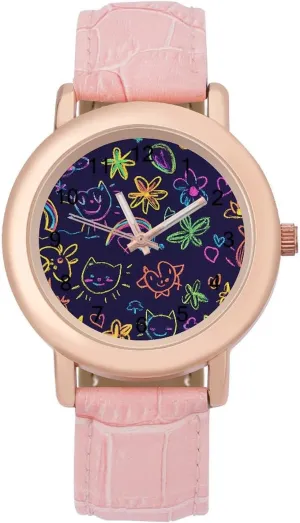 Three-Hand Watch Gift for Ladies Neon Purple Graffiti Cute Wrist conglomerate Watches for Women Pink Leather Band Watch Fashion 