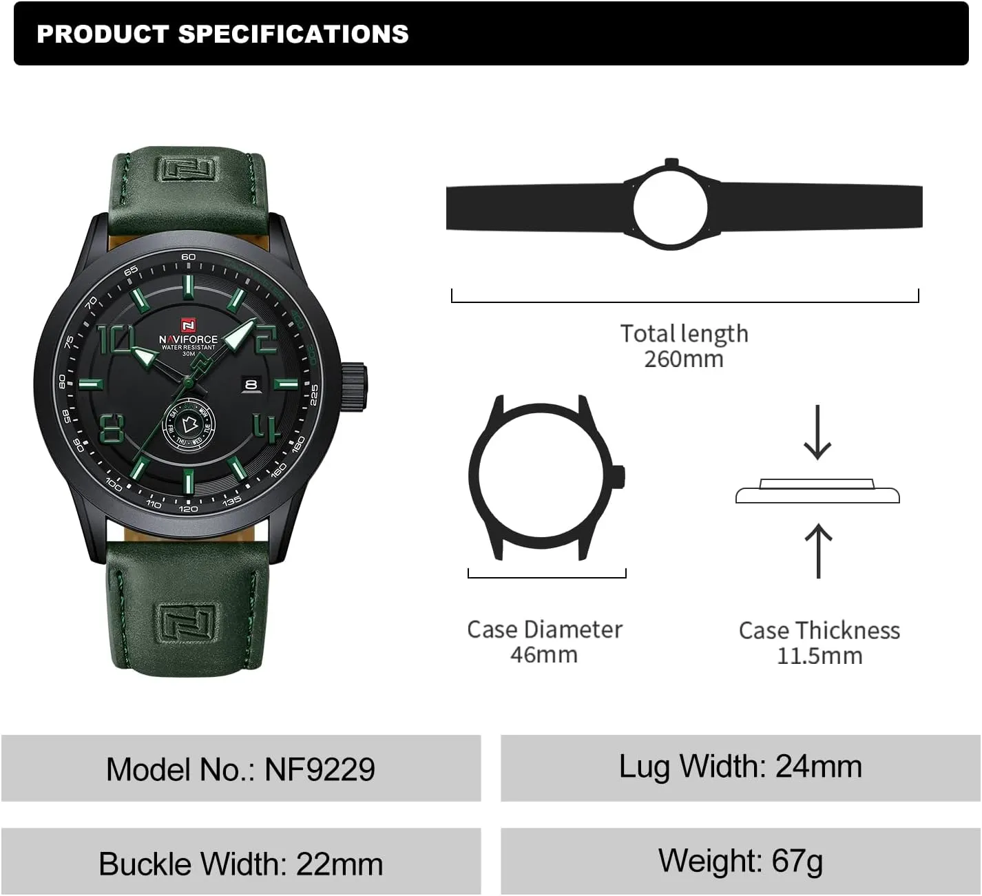 to Read with Auto Date NAVIFORCE supreme narcosis Sport Watches for Men Leather Band Waterproof Quartz Analog Wristwatch Easy 