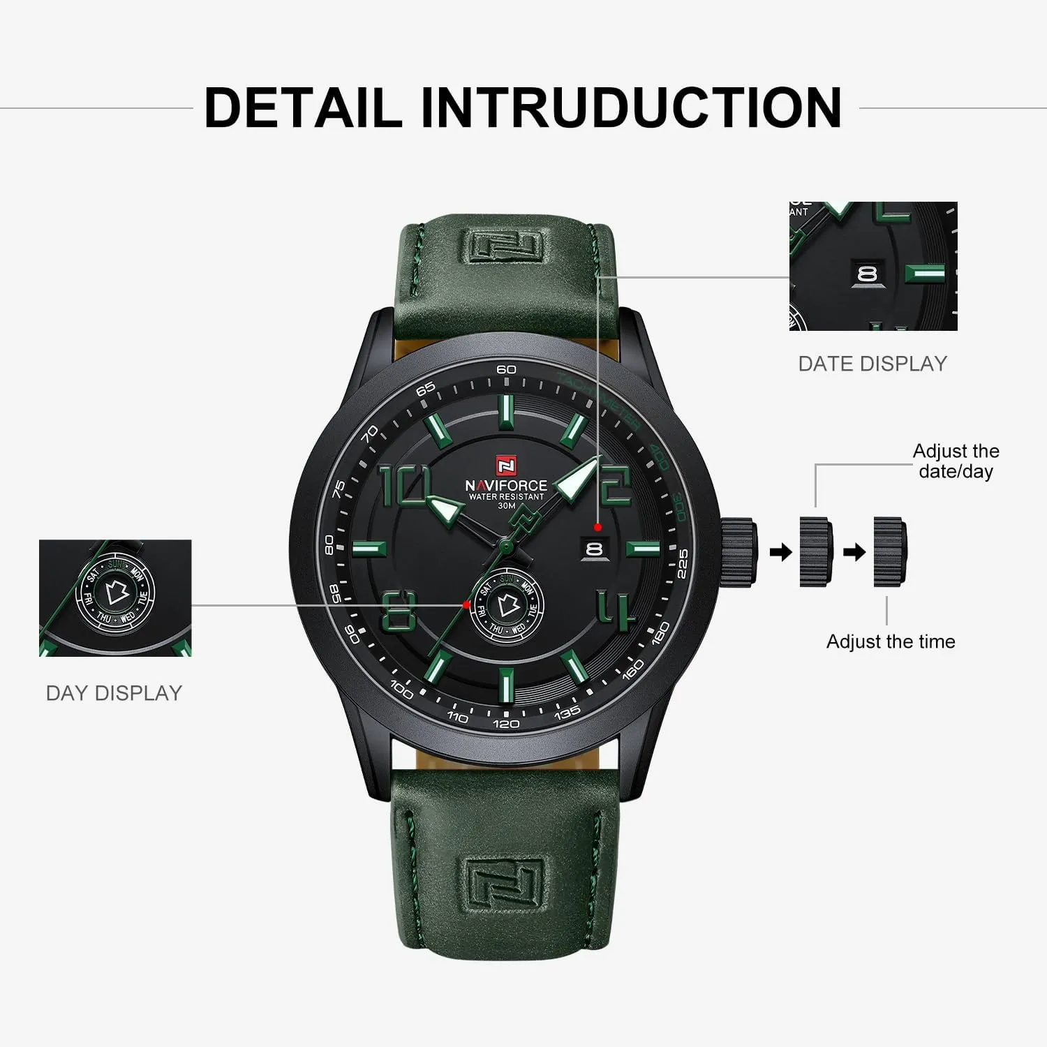 to Read with Auto Date NAVIFORCE supreme narcosis Sport Watches for Men Leather Band Waterproof Quartz Analog Wristwatch Easy 