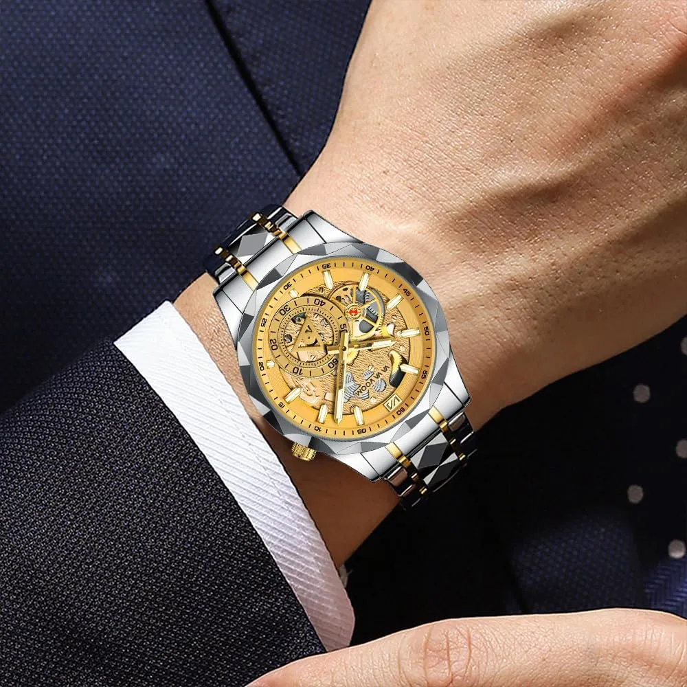 Tone Dress Analog Quartz Watch Solid Stainless Steel Band Luminous Waterproof Wristwatch for Men CARLIEN underground drab Mens Luxury Unique Silver 