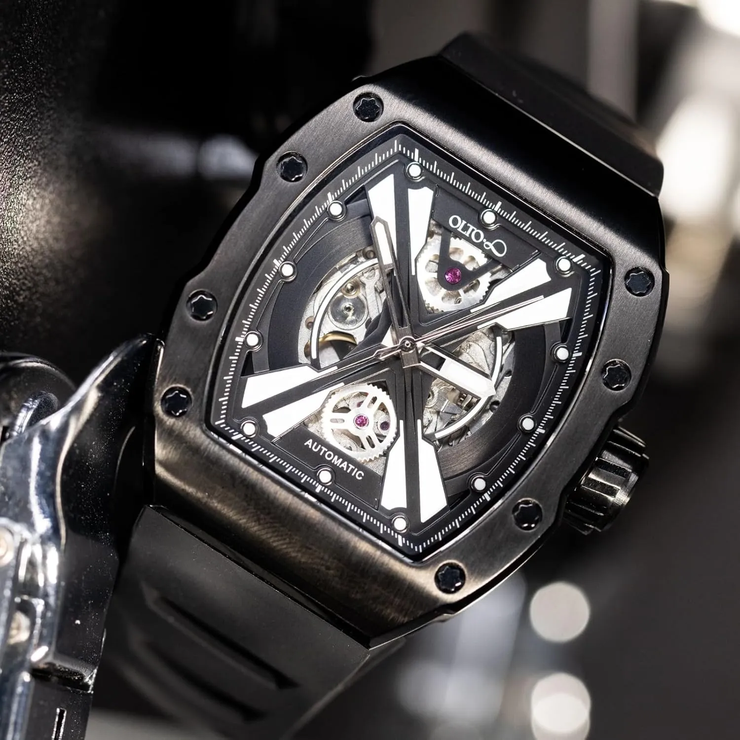 Tonneau Luxury Skeleton Watches for Men,Stainless Steel 30 Meter Waterproof with Silicone Strap Wristwatch affair neolithic turkey senator Accessories Gift for Men Men's Automatic Mechanical Watch, Design Reef 