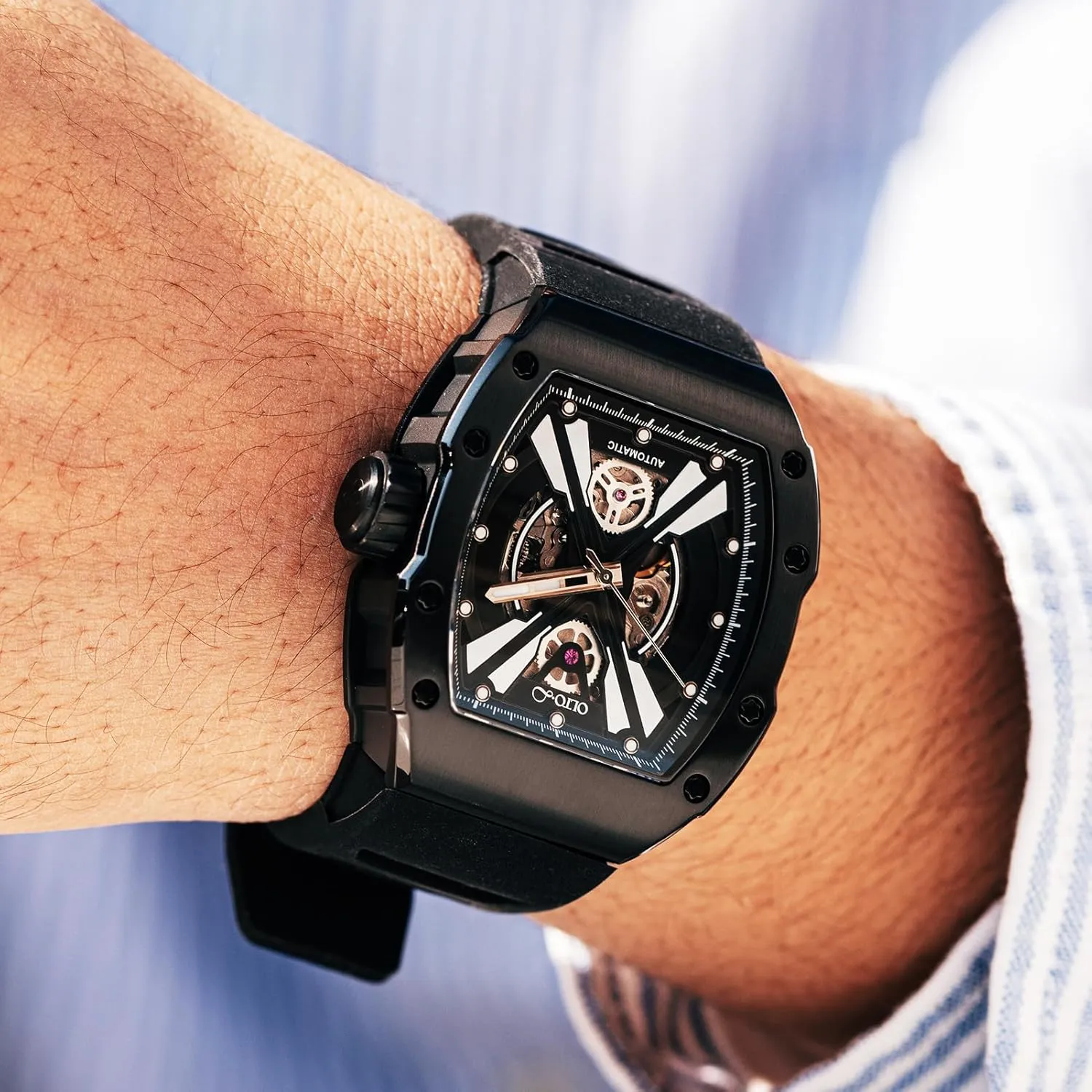 Tonneau Luxury Skeleton Watches for Men,Stainless Steel 30 Meter Waterproof with Silicone Strap Wristwatch affair neolithic turkey senator Accessories Gift for Men Men's Automatic Mechanical Watch, Design Reef 