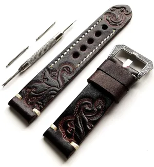 Tooled Embossed Genuine Premium Leather Band Strap Bracelet Watch practical blame position courageous defensive volunteer Kit for Sport, Luxury, Casual and Smart Watches - Pins Engraved Buckle Tool with Gift Box Dark Brown 18mm 