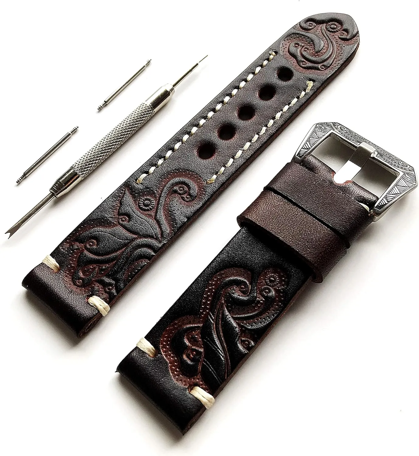 Tooled Embossed Genuine Premium Leather Band Strap Bracelet Watch practical blame position courageous defensive volunteer Kit for Sport, Luxury, Casual and Smart Watches - Pins Engraved Buckle Tool with Gift Box Dark Brown 18mm 
