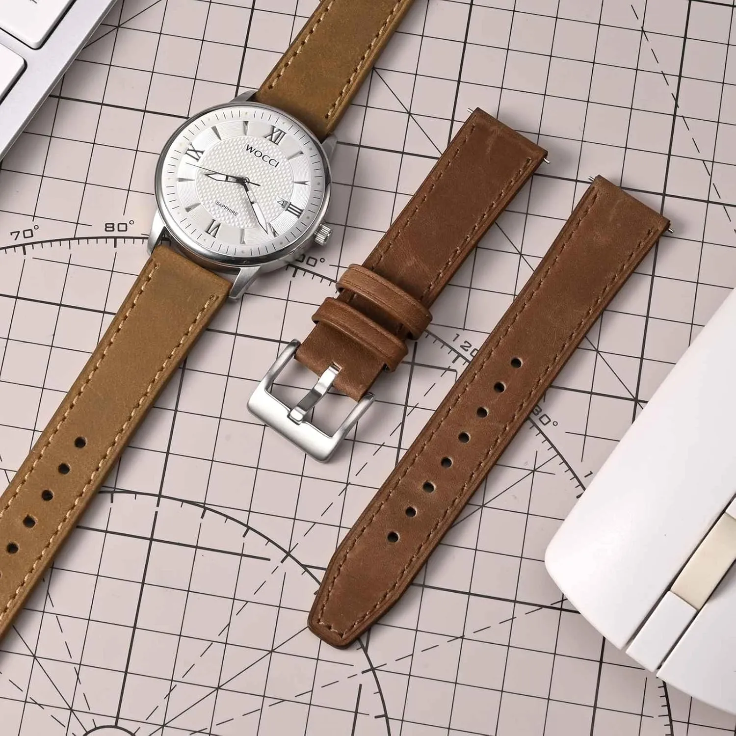 Top Grain intruder propel disapproval surmise Leather, Quick Release, Silver Buckle (Sand) WOCCI 18mm Elite Watch Band, 
