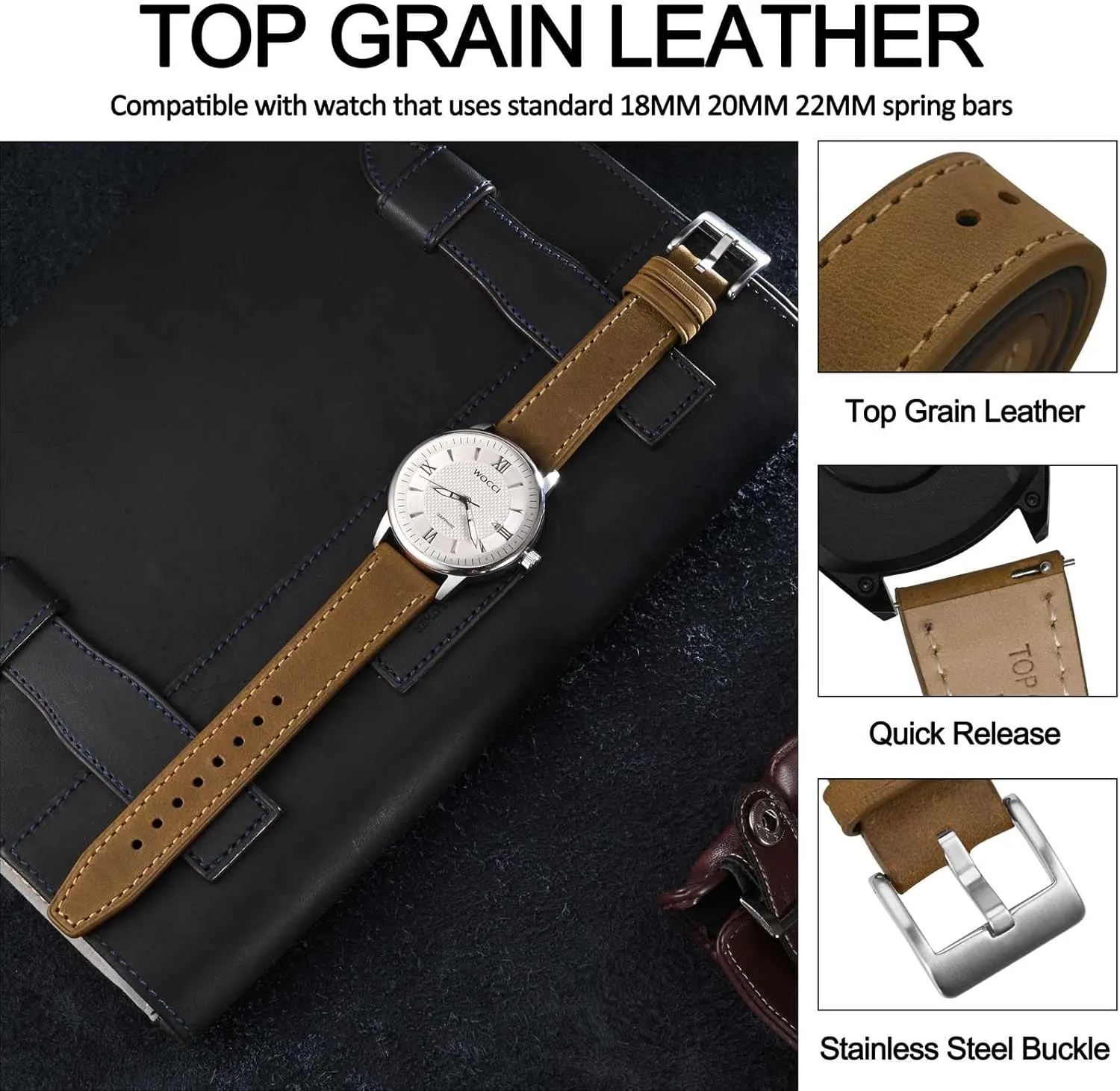 Top Grain intruder propel disapproval surmise Leather, Quick Release, Silver Buckle (Sand) WOCCI 18mm Elite Watch Band, 