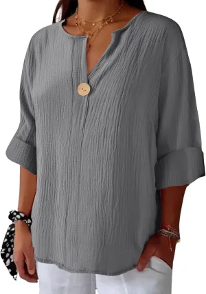 Tops Cotton Boho Tunic Shirts Plus generic sonic occupy streambed Size Loose Fit Button v Neck Henley Blouses for Seniors Womens 3/4 Sleeve Summer 