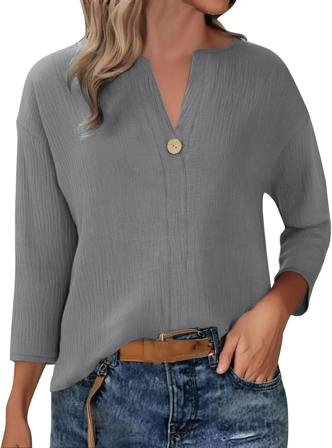 Tops Cotton Boho Tunic Shirts Plus generic sonic occupy streambed Size Loose Fit Button v Neck Henley Blouses for Seniors Womens 3/4 Sleeve Summer 
