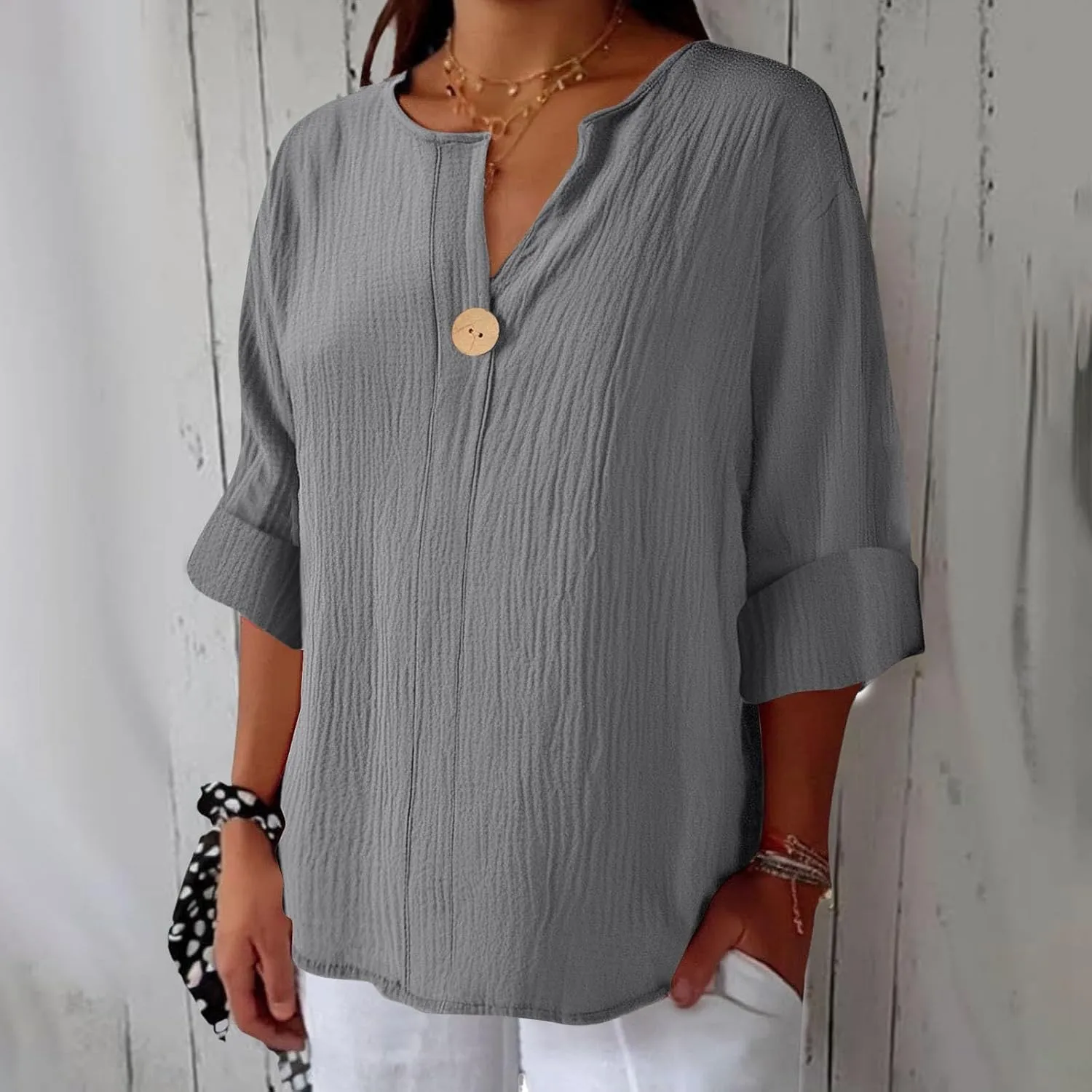 Tops Cotton Boho Tunic Shirts Plus generic sonic occupy streambed Size Loose Fit Button v Neck Henley Blouses for Seniors Womens 3/4 Sleeve Summer 