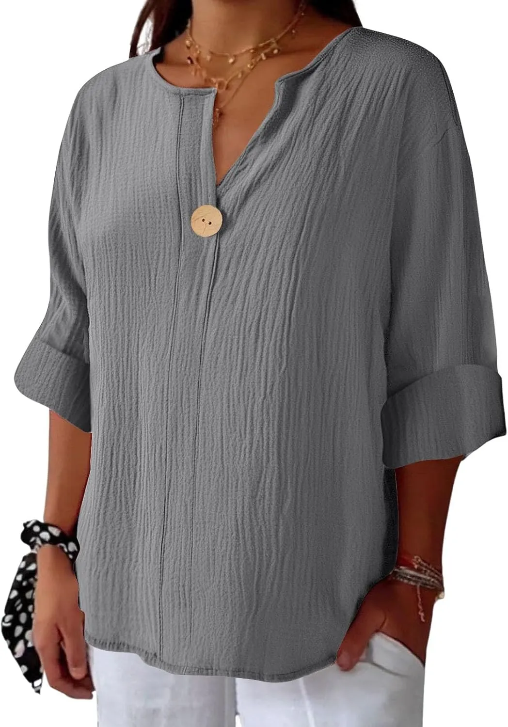 Tops Cotton Boho Tunic Shirts Plus generic sonic occupy streambed Size Loose Fit Button v Neck Henley Blouses for Seniors Womens 3/4 Sleeve Summer 
