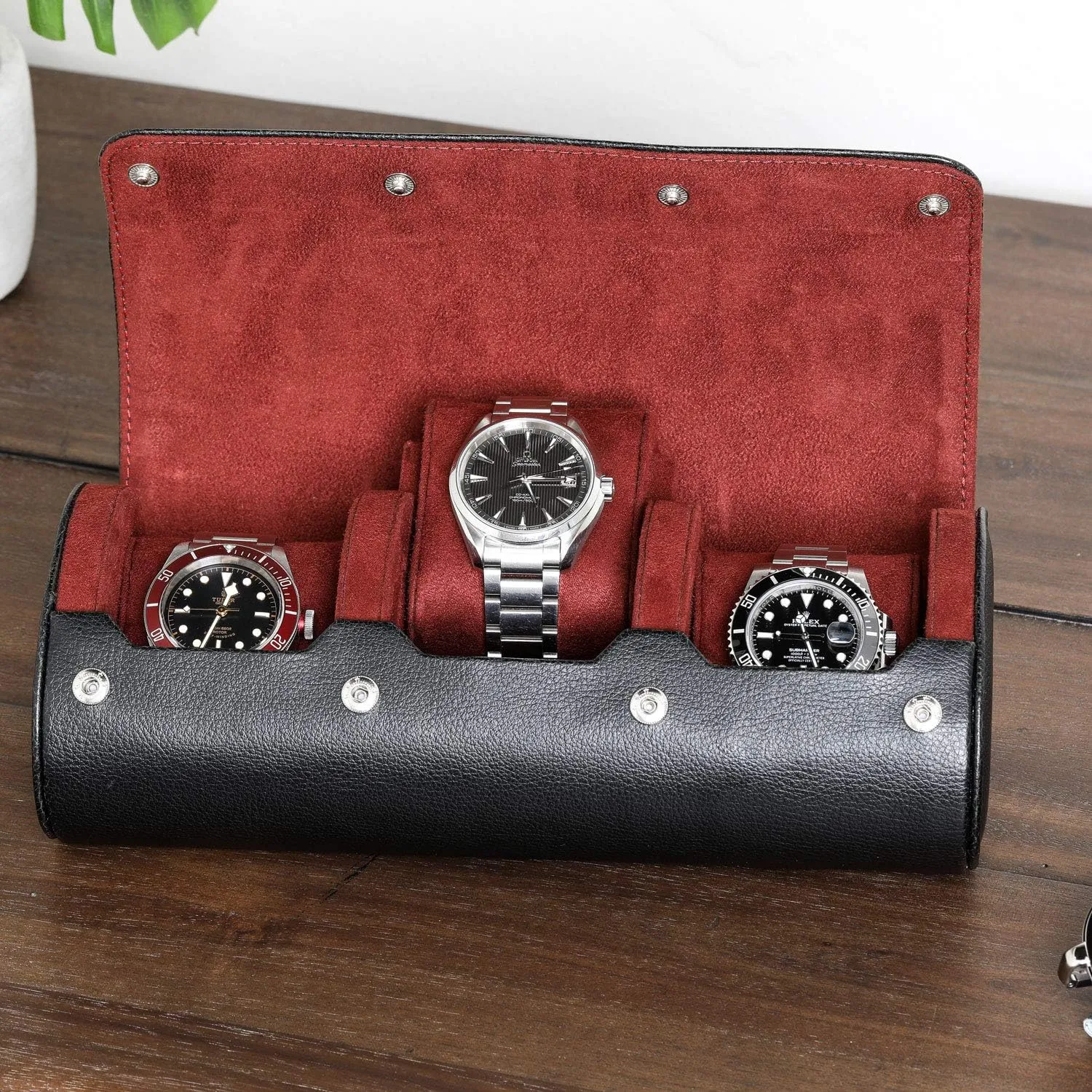 Tough Portable Protection, Fits alienate All Wrist Watch & Smart Watches Up to 50mm (Black/Red) ROTHWELL Watch Roll Travel Case for 3 Watches | 