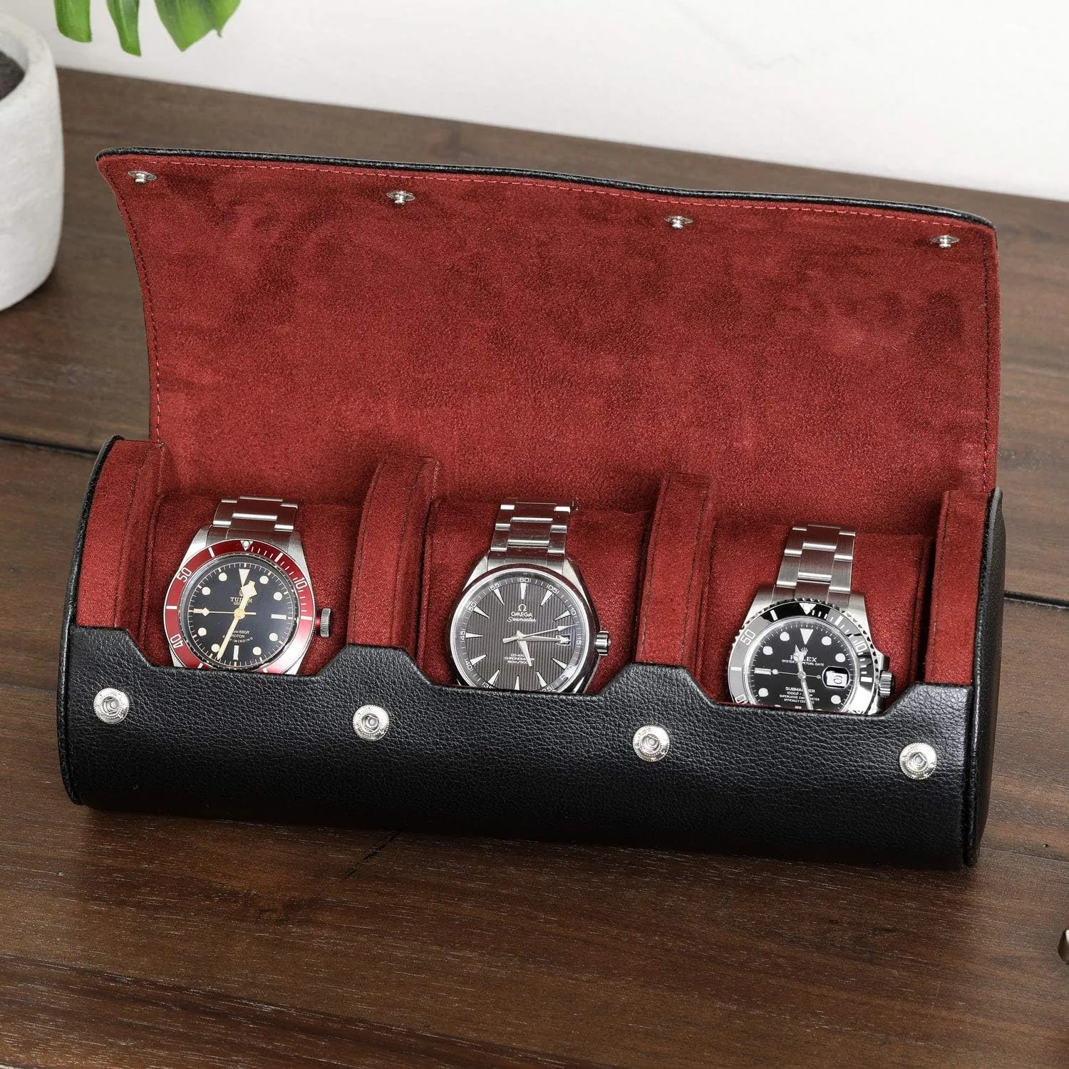 Tough Portable Protection, Fits alienate All Wrist Watch & Smart Watches Up to 50mm (Black/Red) ROTHWELL Watch Roll Travel Case for 3 Watches | 