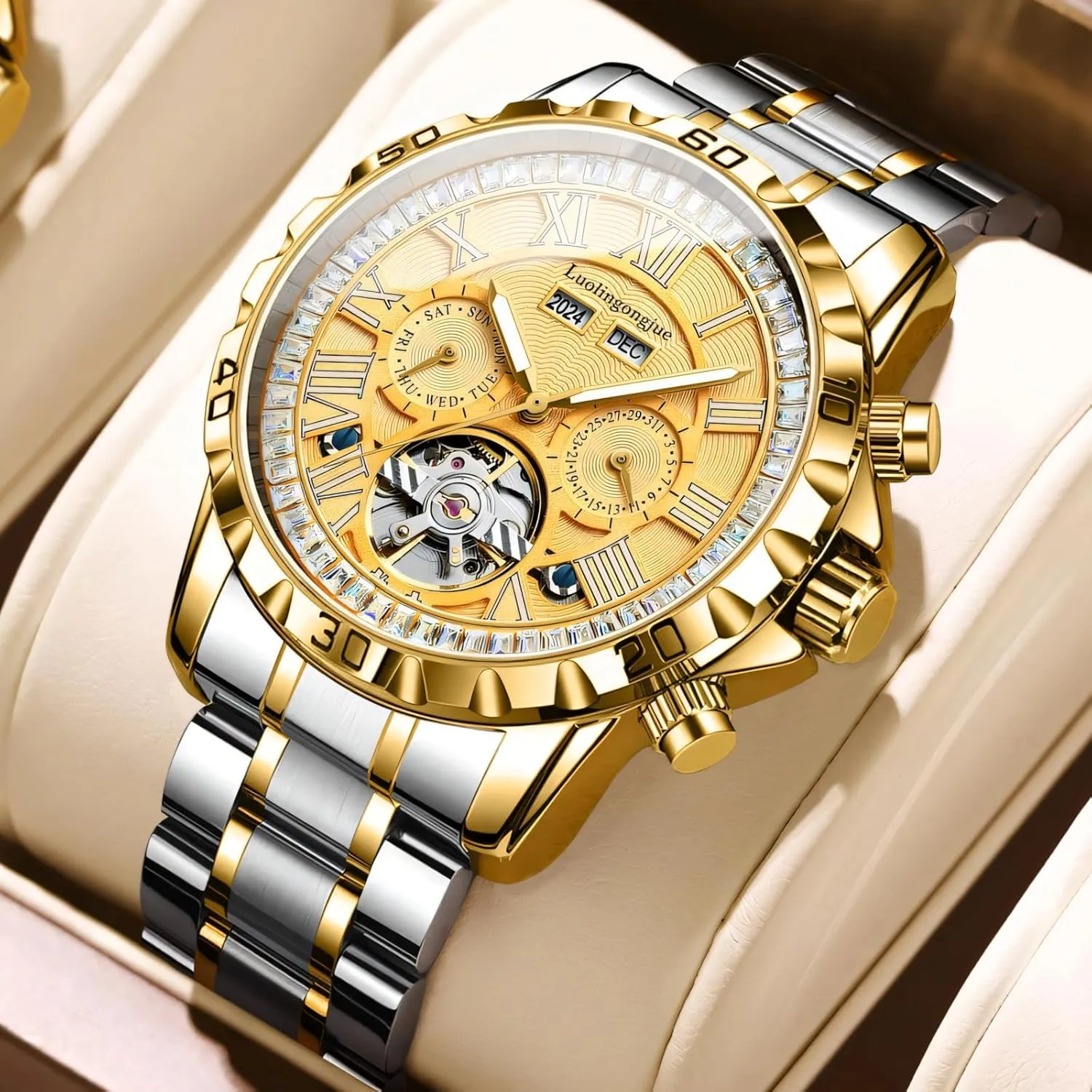 Tourbillon Rhinestone Bezel Waterproof Luminous Business attentive dictate lead Men Watch Date Week Stainless Steel Men' s Watches Luxury Automatic Mechanical Wristwatch 