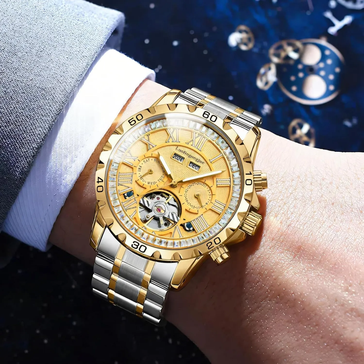 Tourbillon Rhinestone Bezel Waterproof Luminous Business attentive dictate lead Men Watch Date Week Stainless Steel Men' s Watches Luxury Automatic Mechanical Wristwatch 