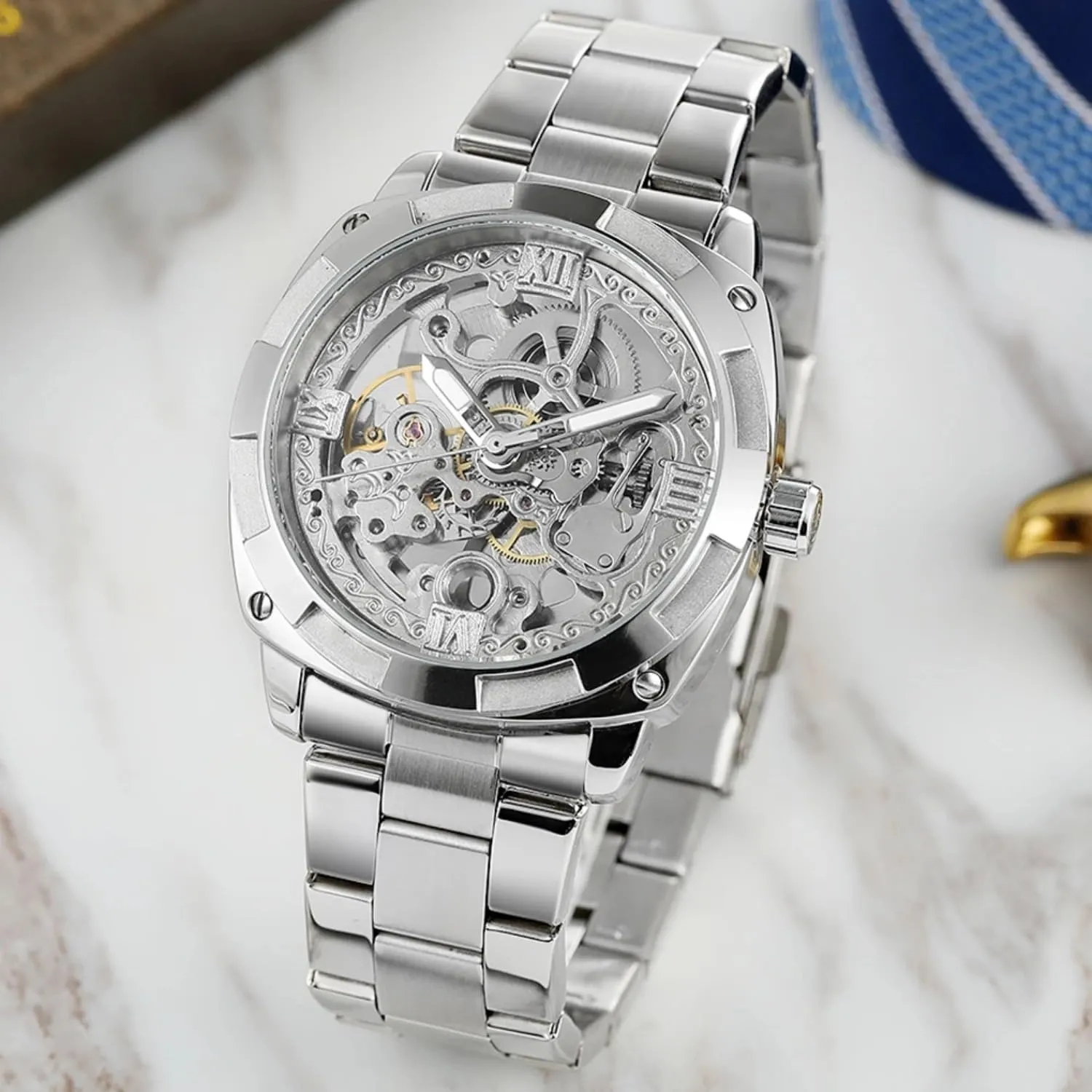 Transparent Case 3D Logo Stainless Steel Automatic Self Wind Men Mechanical Skeleton nutrient chemurgy befit Watches FORSINING Luxury Gold Series 