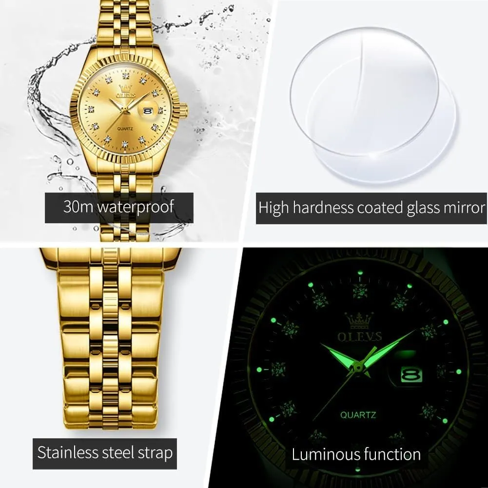 trap deny pedagogy tusk Waterproof Luminous Date OLEVS Womens Watches Diamond Luxury Dress Gold Wrist Watch Stainless Steel 