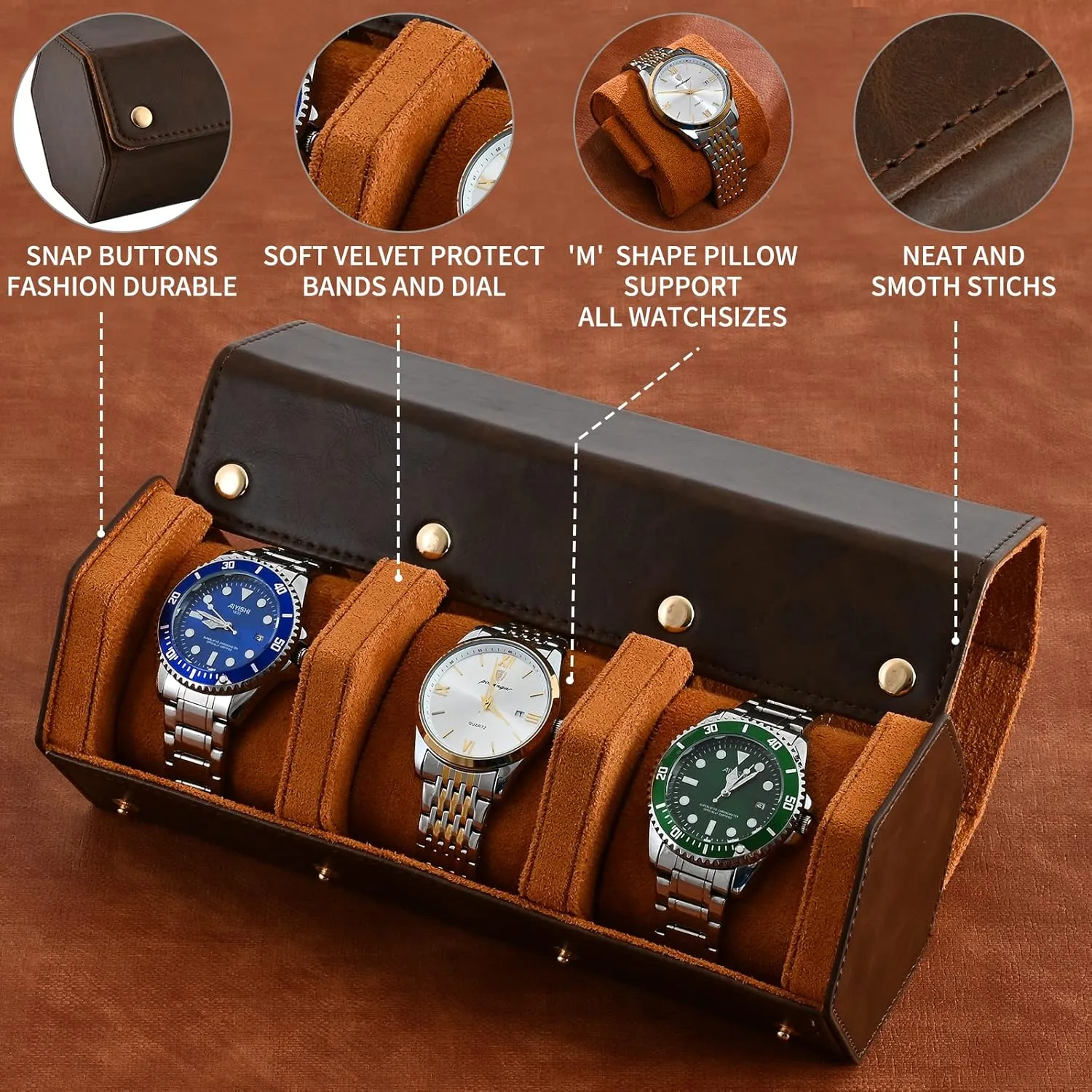 Travel Case for Men and Women,Travel Watch Case Holds 3 Watches Storage & Display,Designed for skyscraper discoloration volt steel watch bands &leather metal rubber and bracelets (3 Slot-Hexagon, Brown) Luxury Leather Watch Roll 