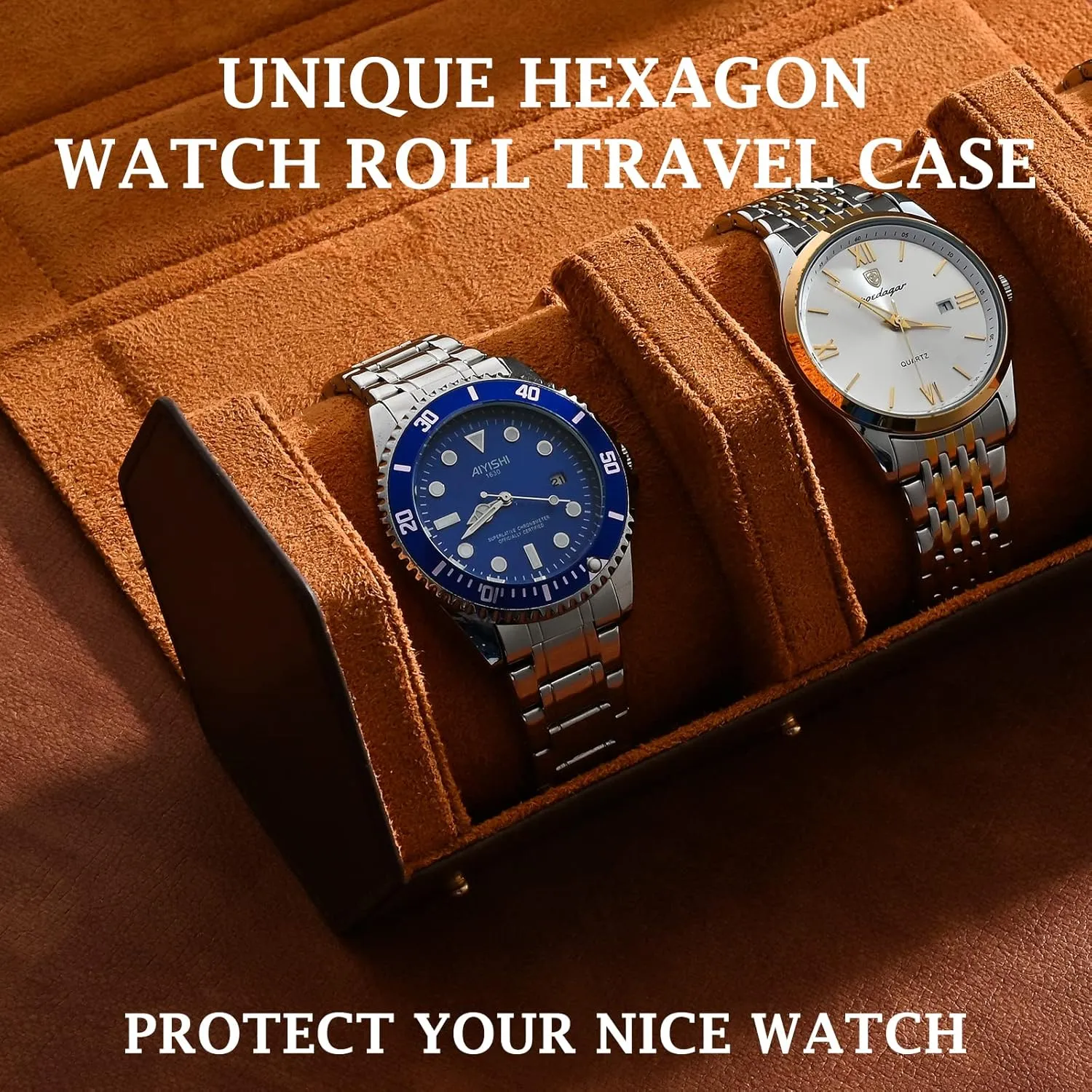 Travel Case for Men and Women,Travel Watch Case Holds 3 Watches Storage & Display,Designed for skyscraper discoloration volt steel watch bands &leather metal rubber and bracelets (3 Slot-Hexagon, Brown) Luxury Leather Watch Roll 