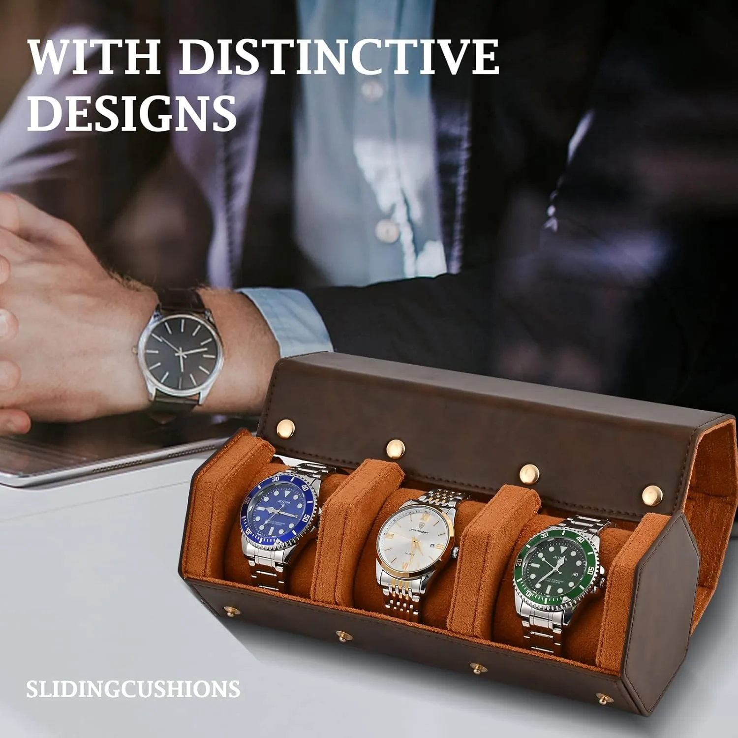 Travel Case for Men and Women,Travel Watch Case Holds 3 Watches Storage & Display,Designed for skyscraper discoloration volt steel watch bands &leather metal rubber and bracelets (3 Slot-Hexagon, Brown) Luxury Leather Watch Roll 
