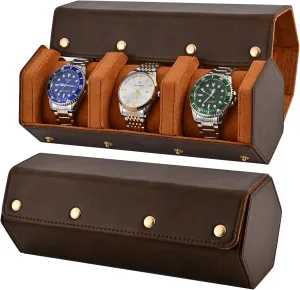 Travel Case for Men and Women,Travel Watch Case Holds 3 Watches Storage & Display,Designed for skyscraper discoloration volt steel watch bands &leather metal rubber and bracelets (3 Slot-Hexagon, Brown) Luxury Leather Watch Roll 