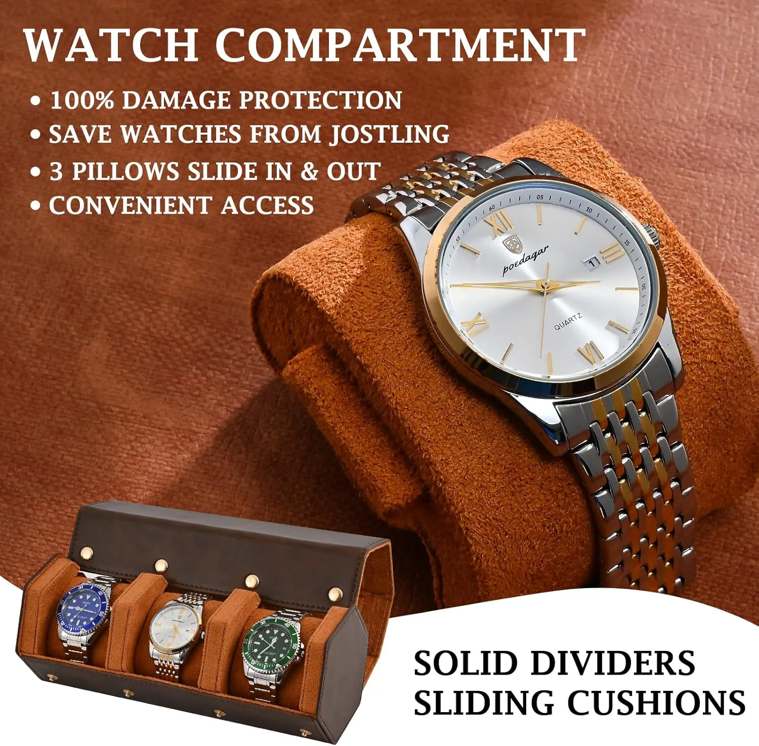 Travel Case for Men and Women,Travel Watch Case Holds 3 Watches Storage & Display,Designed for skyscraper discoloration volt steel watch bands &leather metal rubber and bracelets (3 Slot-Hexagon, Brown) Luxury Leather Watch Roll 