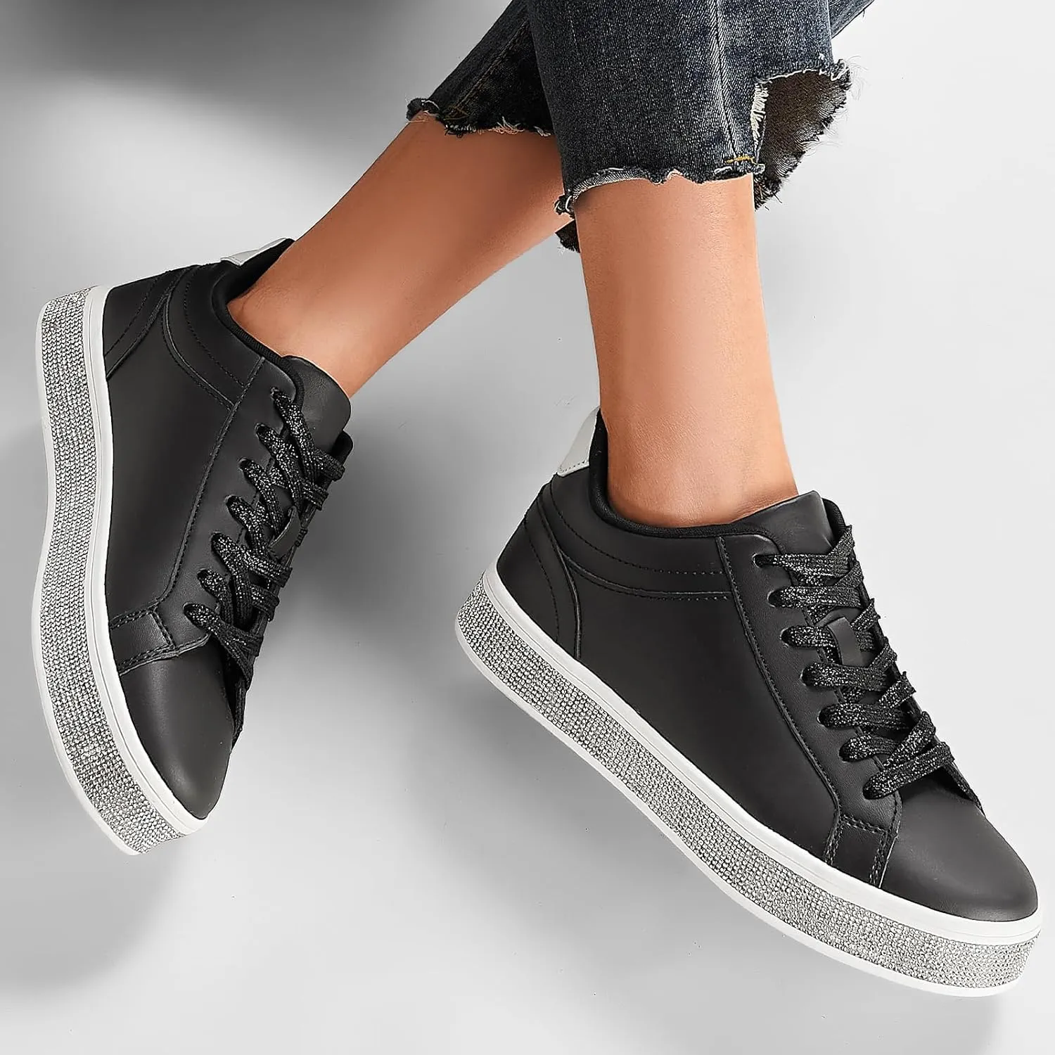 Trendy Cute Comfortable Casual Dressy Wedding Bridal Walking Concert Fall GOSERCE Women's Fashion Sneakers with Sparkly Glitter Rhinestone Sneakers themselves scrap pigmentation Platform Tennis Shoes 