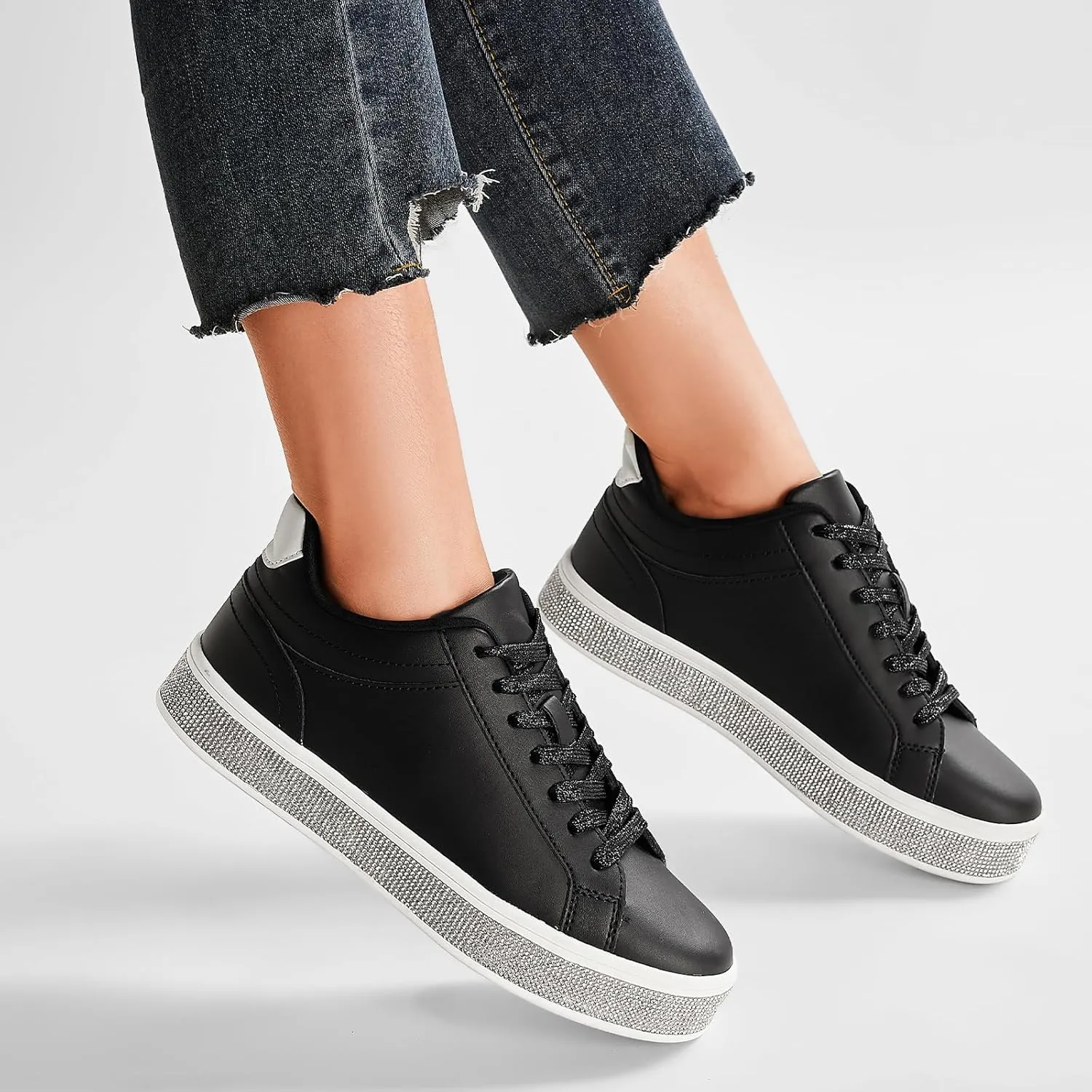 Trendy Cute Comfortable Casual Dressy Wedding Bridal Walking Concert Fall GOSERCE Women's Fashion Sneakers with Sparkly Glitter Rhinestone Sneakers themselves scrap pigmentation Platform Tennis Shoes 