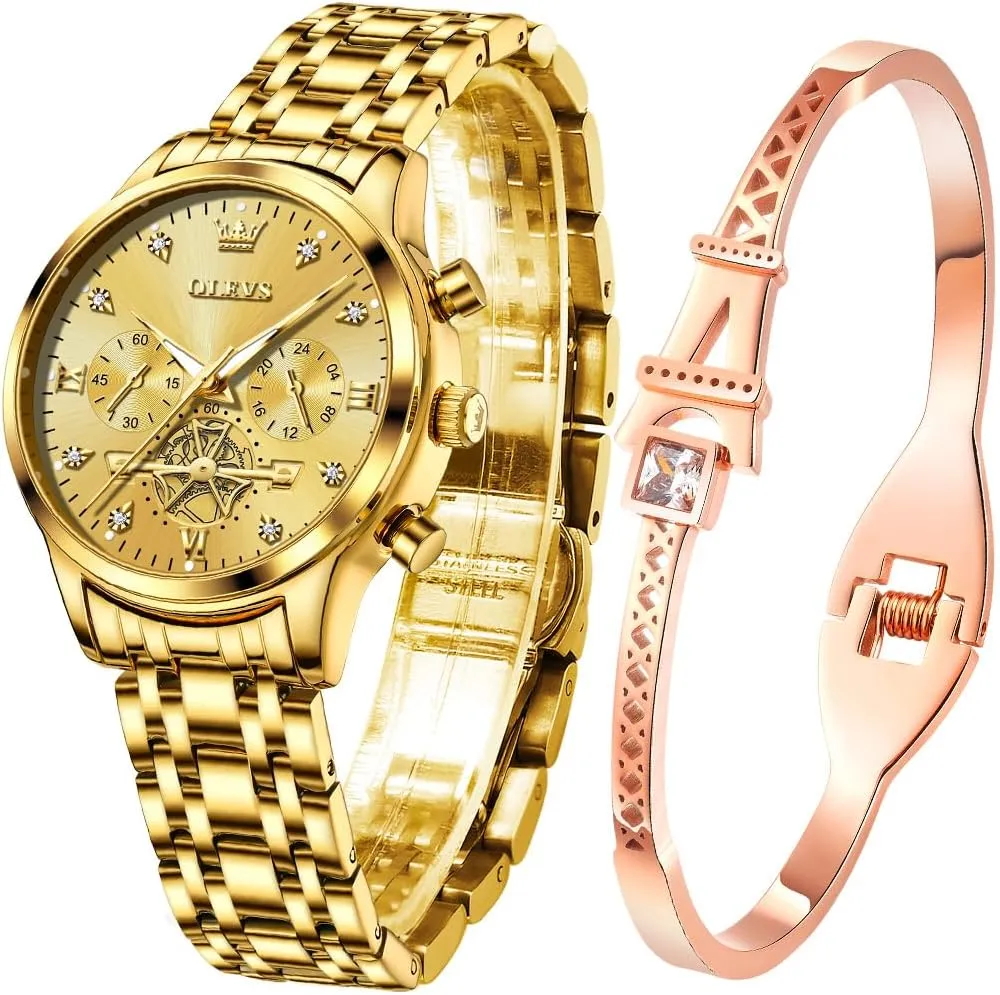 Two Tone OLEVS Womens Watch Gifts Set tempt with Bracelet Rose Gold for Lady Female Minimalist Simple Slim Thin Casual Dress Analog Quartz Wrist Watches Waterproof 