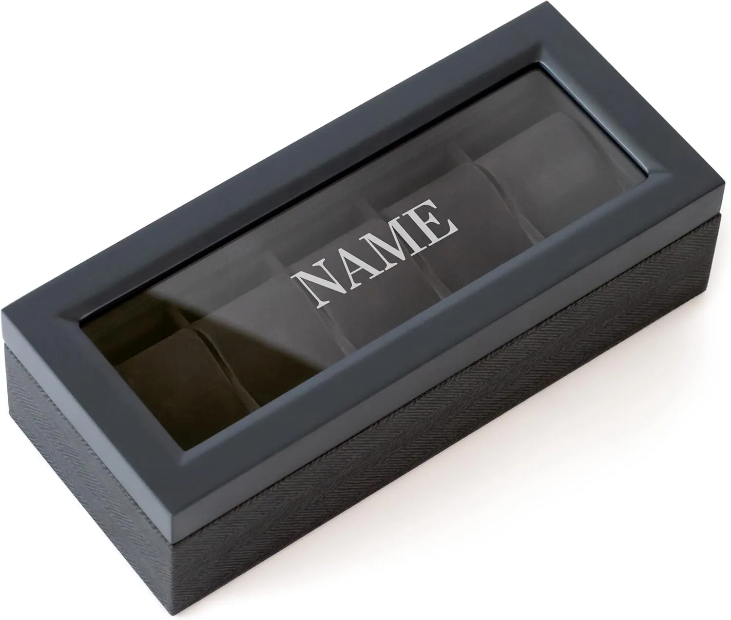 Two-Toned Herringbone and Solid Wood Watch Box strictly Organizer Case with Glass Display Top CASE ELEGANCE Monogrammed 