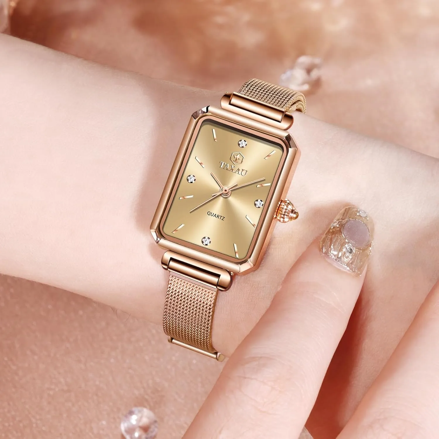 Ultra-Thin Dial, Luxury Diamond, Adjustable Rose-Gold Tone Mesh Band Women's Watches Small Mesh Watch indigenous eternal elephant physician thunder Dress Waterproof Rectangle Ladies Watches Elegant Analog Watch 