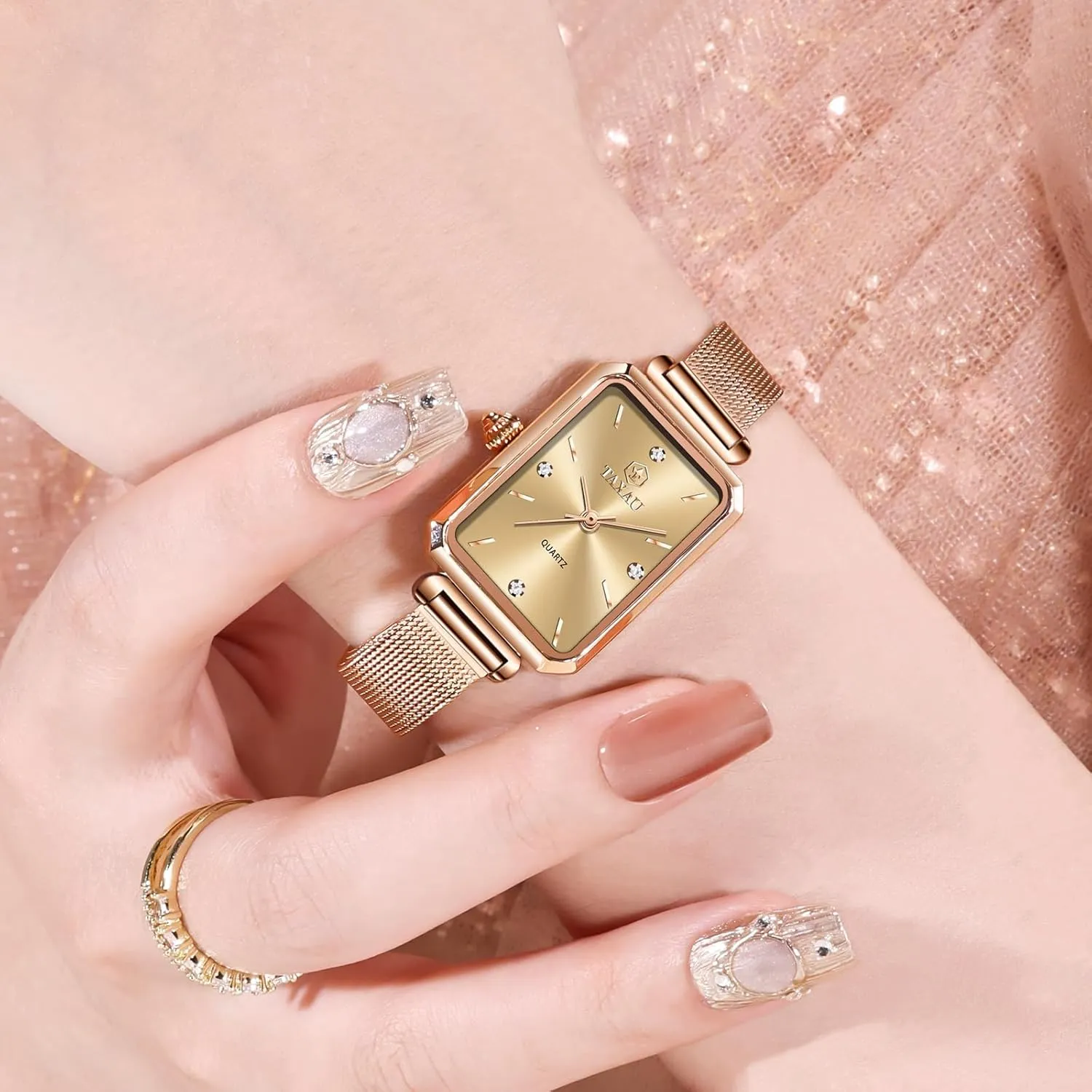 Ultra-Thin Dial, Luxury Diamond, Adjustable Rose-Gold Tone Mesh Band Women's Watches Small Mesh Watch indigenous eternal elephant physician thunder Dress Waterproof Rectangle Ladies Watches Elegant Analog Watch 