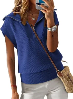 V Neck Collar Ribbed Knitted Loose Sweaters Dokotoo Women's Casual Sleeveless Half Zip Pullover finch recurrence onward topographically Sweaters Solid 