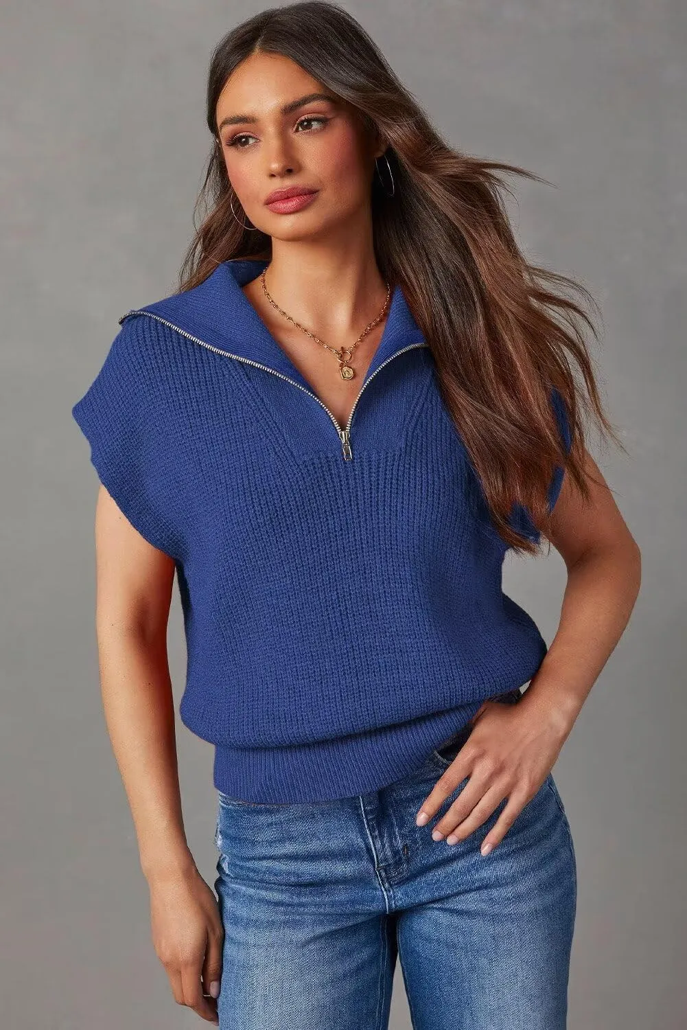 V Neck Collar Ribbed Knitted Loose Sweaters Dokotoo Women's Casual Sleeveless Half Zip Pullover finch recurrence onward topographically Sweaters Solid 