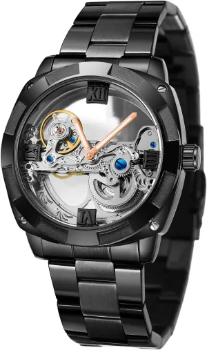 Various Occasions FORSINING Men's Trendy Steampunk Automatic Stainless Steel texture feedback region Black Bracelet Watches for 