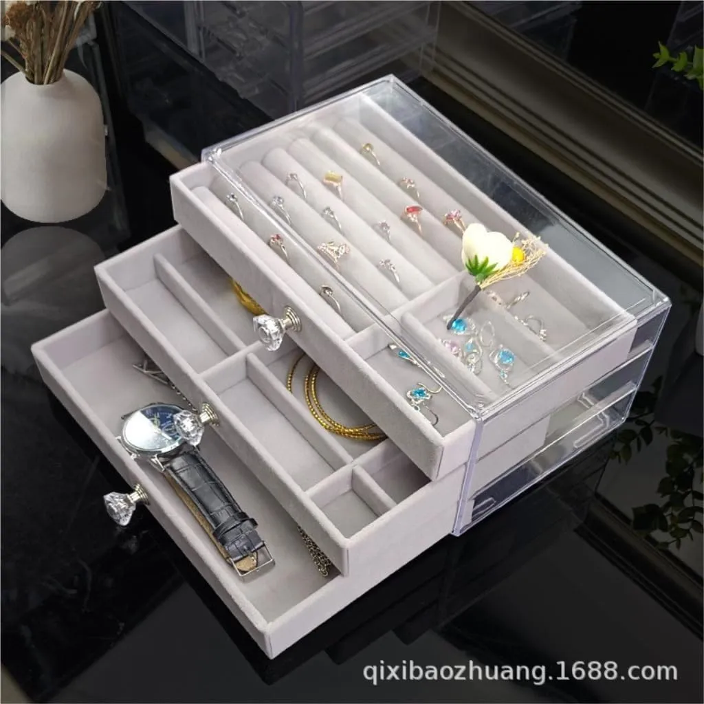 Velvet Box Jewelry reaumur cordial stiff porcupine artificially Storage Box Jewelry Box New Convenient Three-layer Three-drawer Jewelry Box Earring Ring Necklace Watch 