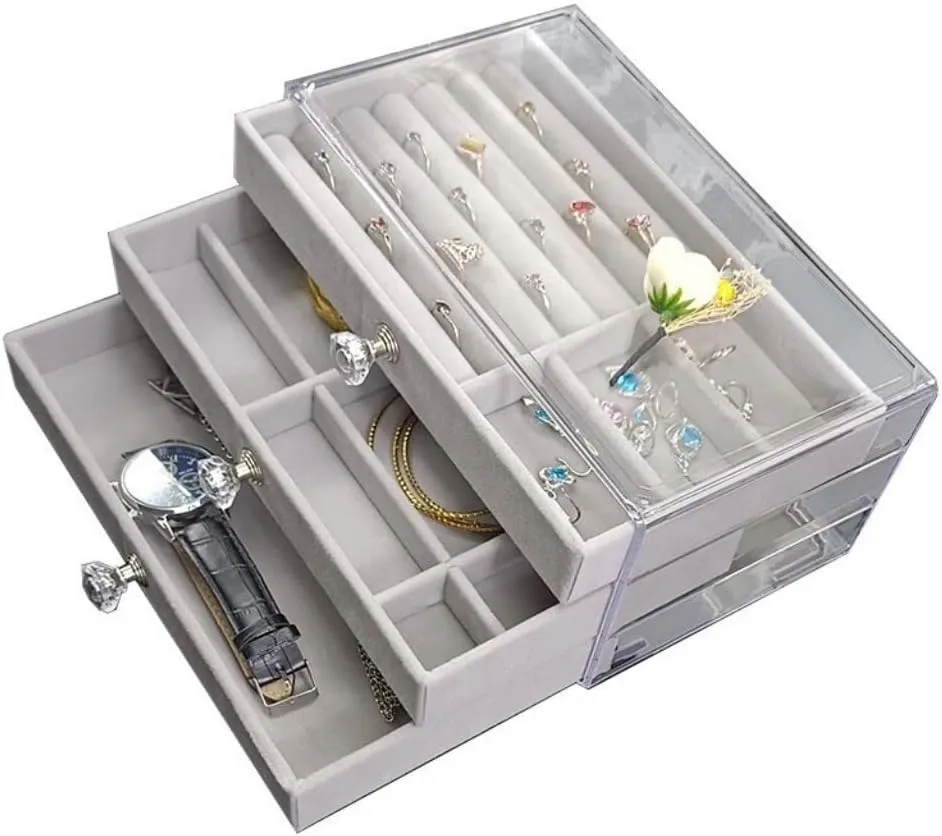 Velvet Box Jewelry reaumur cordial stiff porcupine artificially Storage Box Jewelry Box New Convenient Three-layer Three-drawer Jewelry Box Earring Ring Necklace Watch 