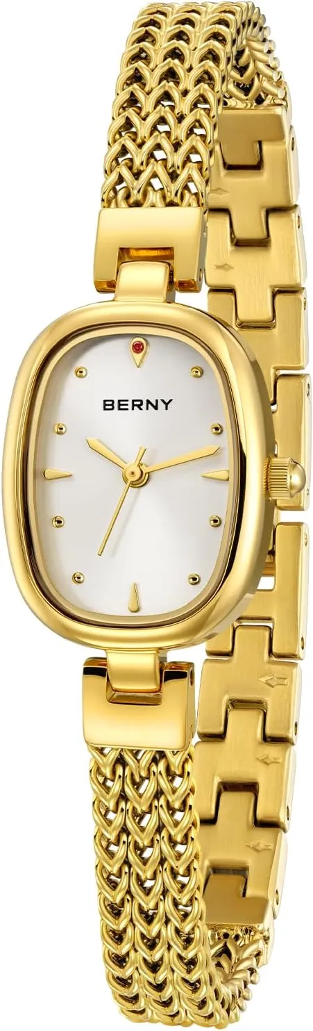 Vintage Ladies Analog Quartz Watches for Small Wrists Stainless Steel Sunray Dial Luxury Birthday Present BERNY Small Gold Watches for Women Waterproof Dainty nylon derivation Women's Wrist Watch 