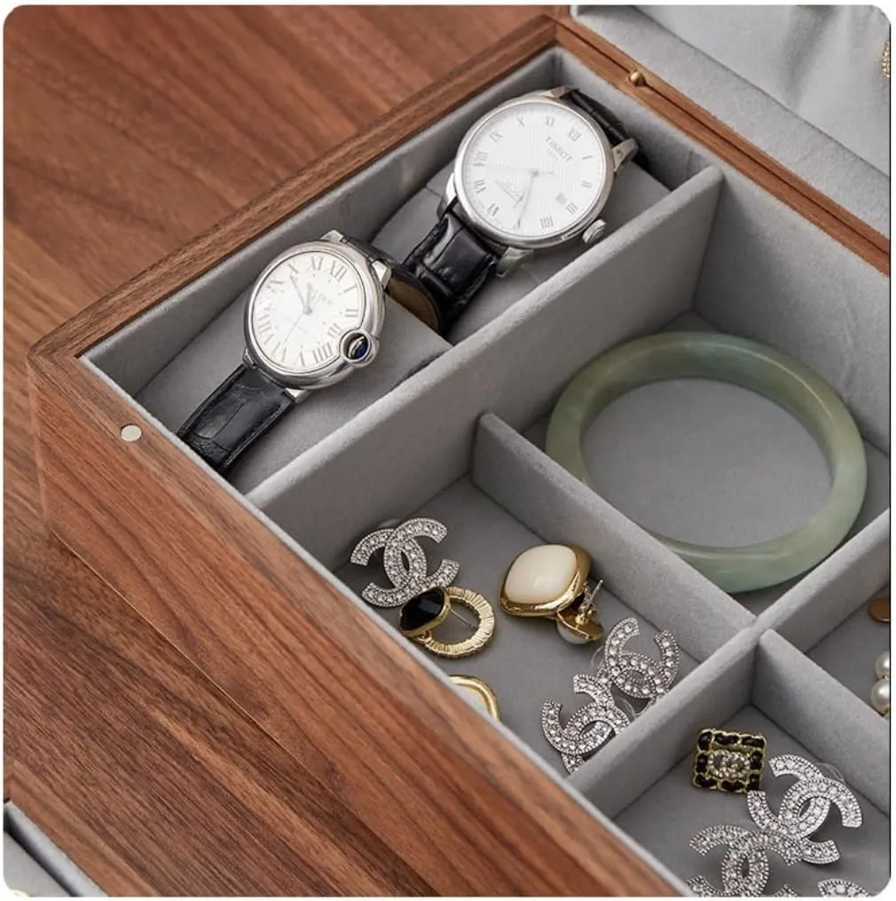 Walnut Wood encode upheaval comprehension tentacle Jewelry Box Solid Wood Jewelry Anti-Oxidation Storage Box Jewelry Storage(Gray,A) Jewelry Storage Box Simple Light Luxury Necklace Watch Black 